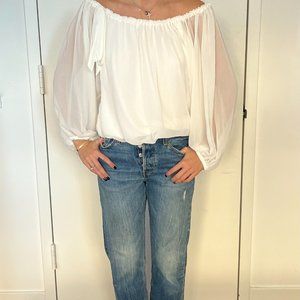White Chiffon Off-The-Shoulder Blouse.